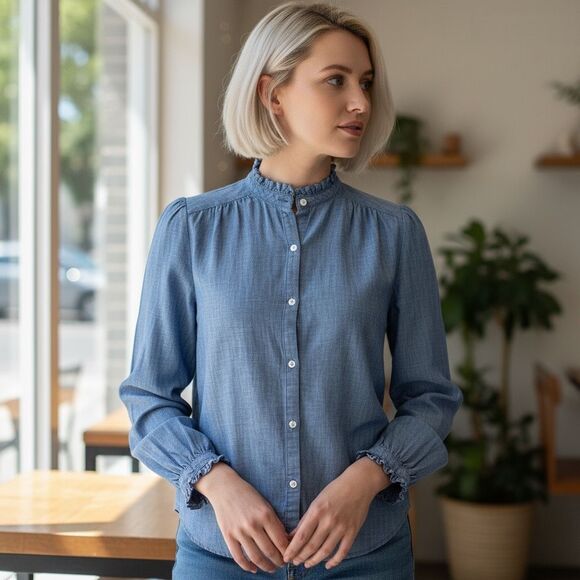 Gap Chambray Ruffle Collar Button Cotton Blouse Top Small - Picture 1 of 8